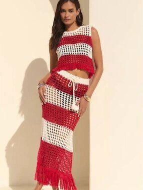 NWOT FARM Rio Red/White Striped Knit Crochet Skirt Set. Size M-Top, Size L-Skirt